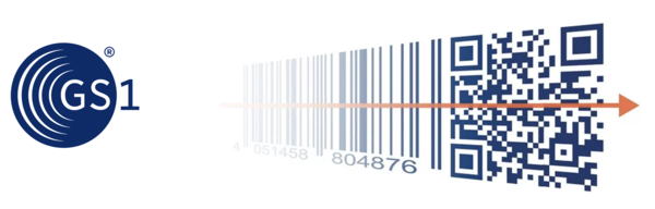 Blue GS1 logo on the left and on the right the indicated development from barcode to GS1 digital code.